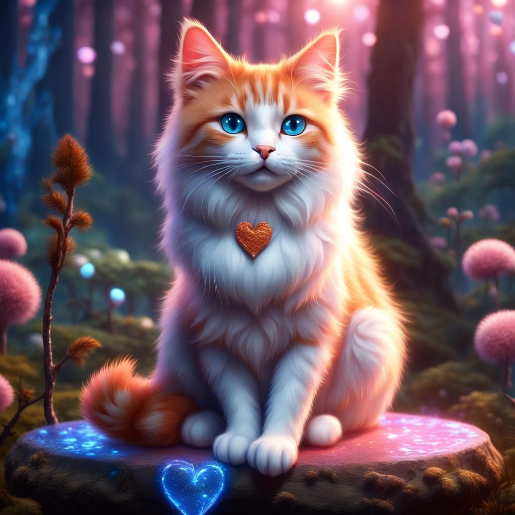 Cute Cat in Magical Forest Digital Painting