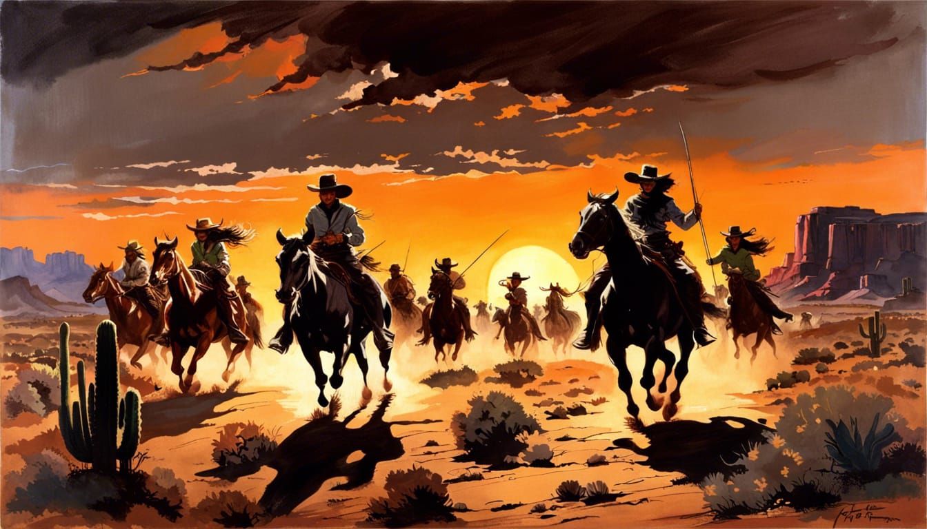 Cowboy and Cowgirl Chase Bulls: Dramatic Oil Painting