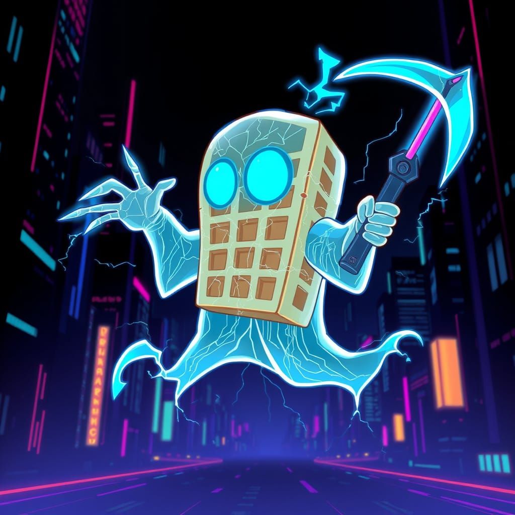 Cyber Phantom Waffle Character in Neon-Lit Cyberpunk City