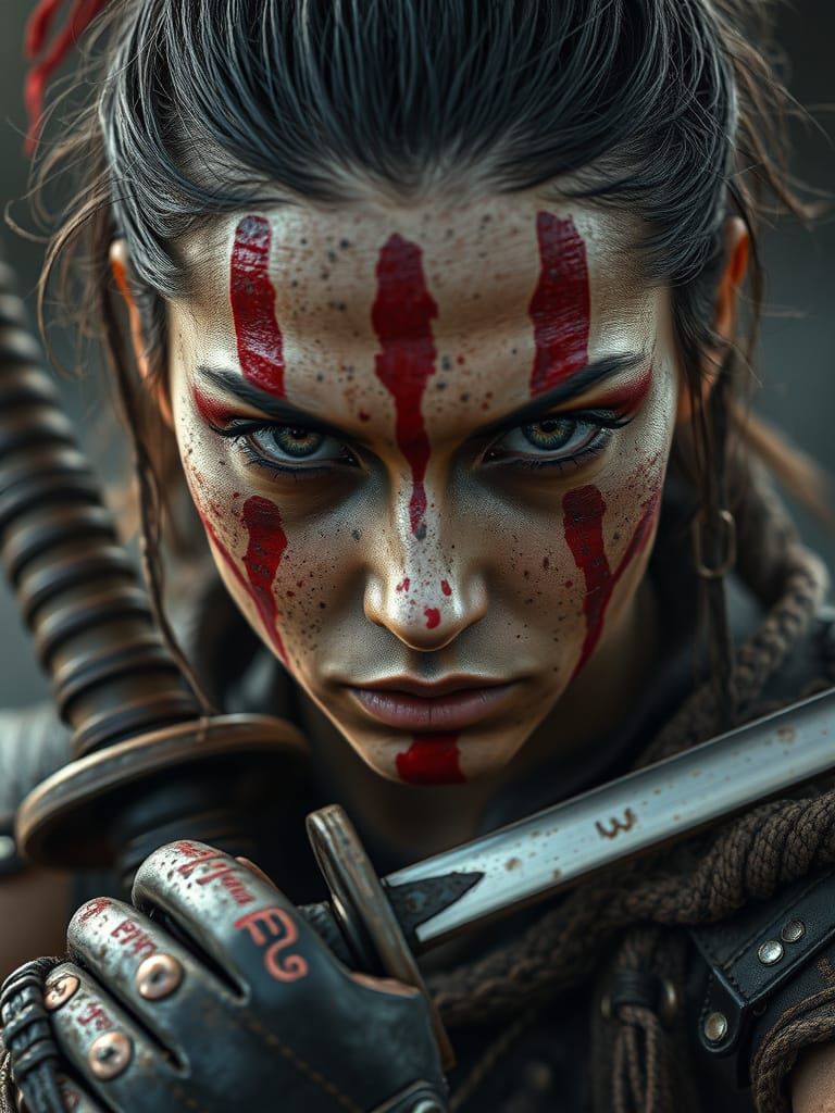 Fierce Female Warrior with Katana in Hyper-Realistic Style