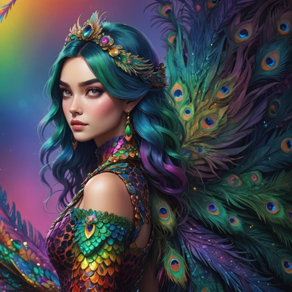 Rainbow Dragon Woman: 3D Digital Art