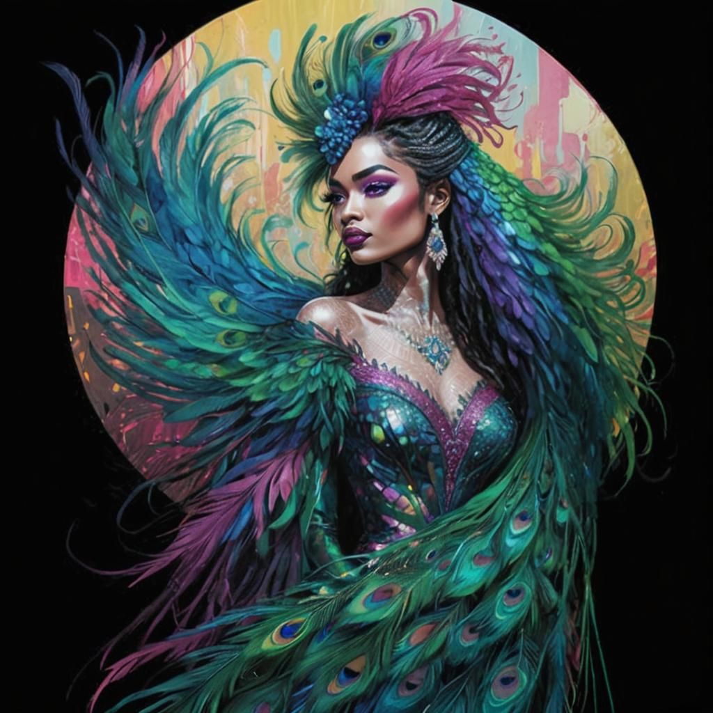 Peacock Woman Portrait in Comic Book Style