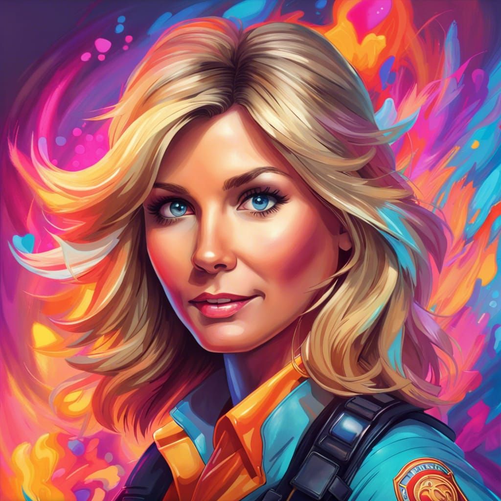 olivia newton john as a firefighter in the style of lisa frank