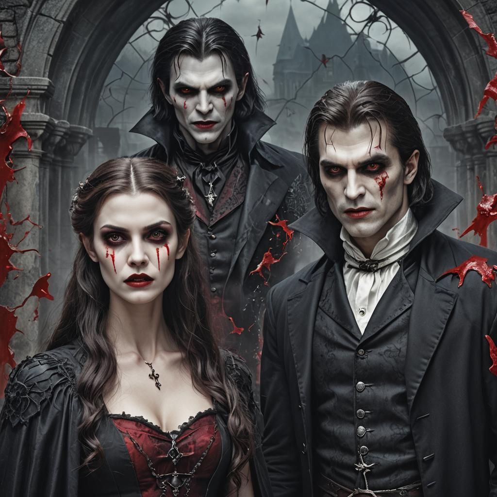 Two Elegant Vampires with Blood, Detailed Matte Painting