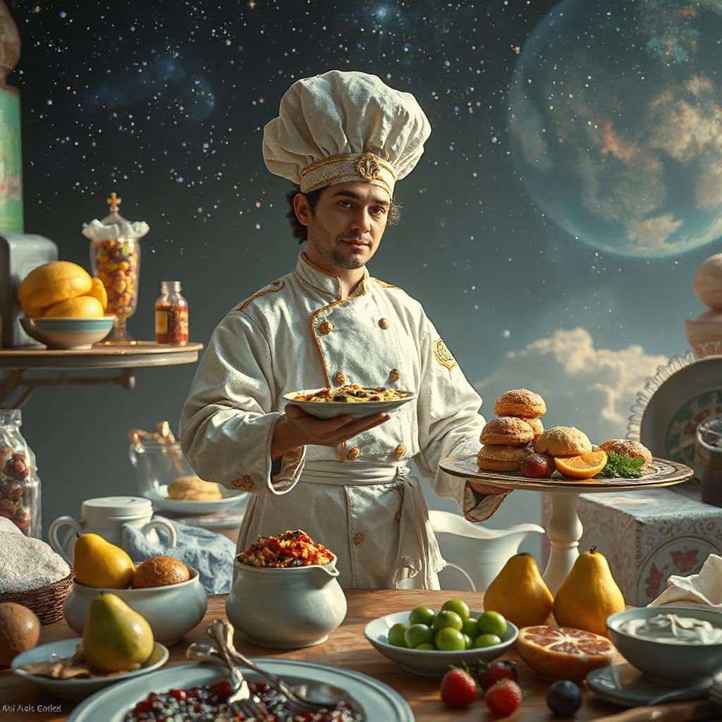 Celestial Chef on Candy Planet in Art Nouveau Style