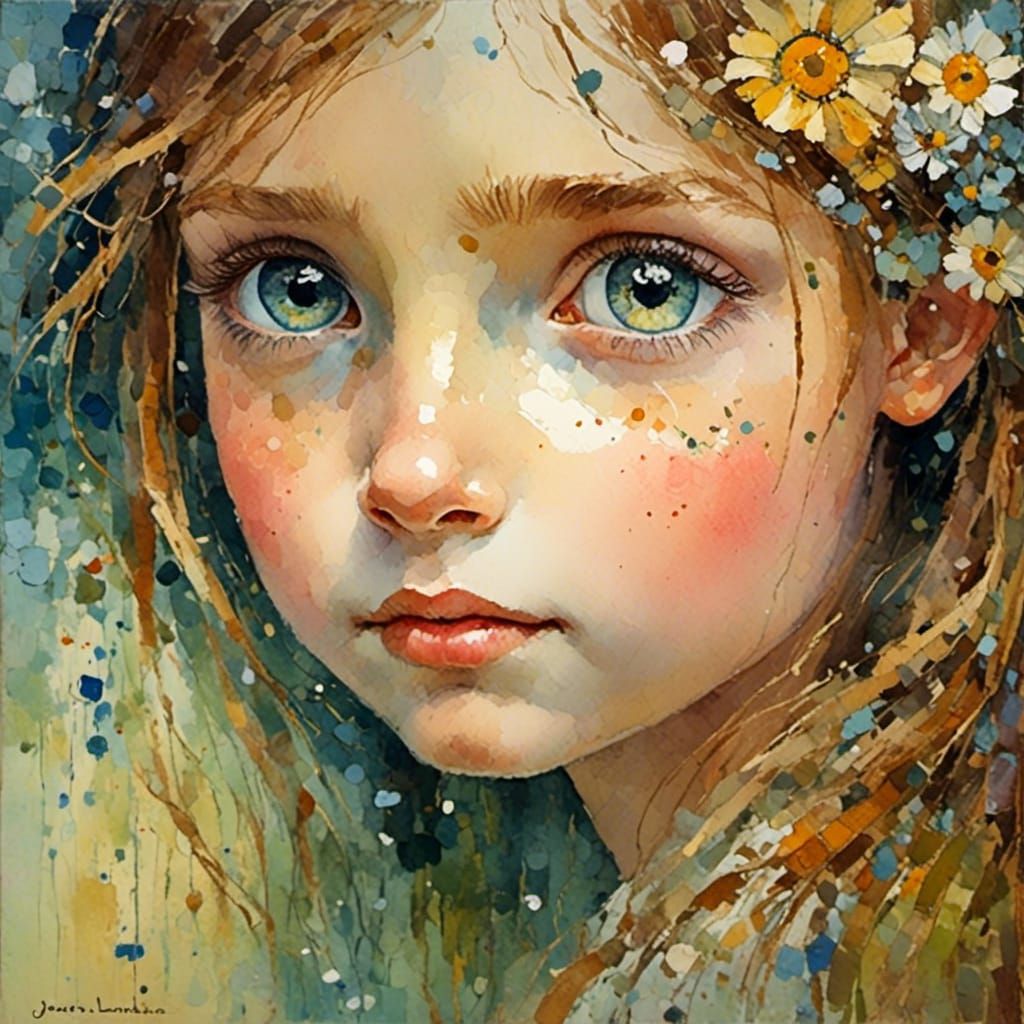 Expressive Girl with Large Eyes in Neo-Impressionist Oil Pai...
