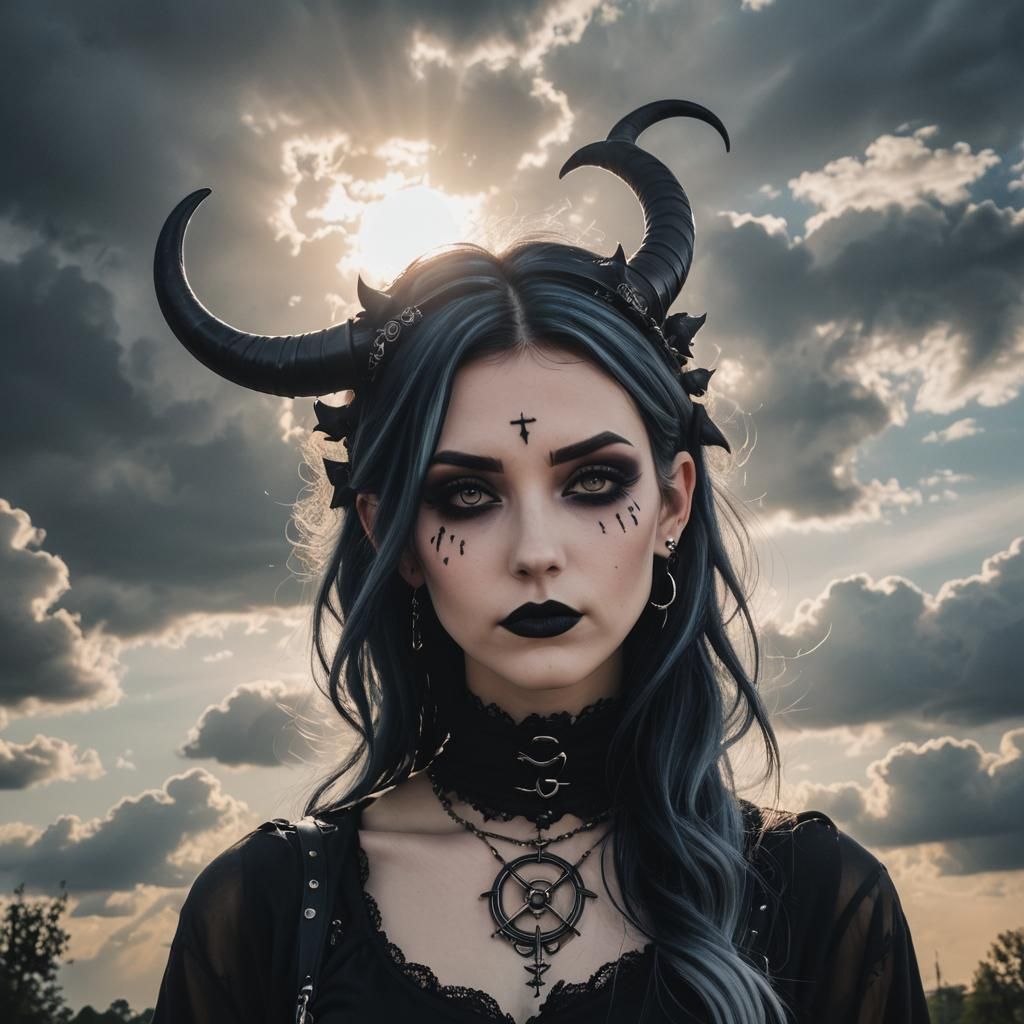 Cute Goth Girl with Horns in Heavenly Light