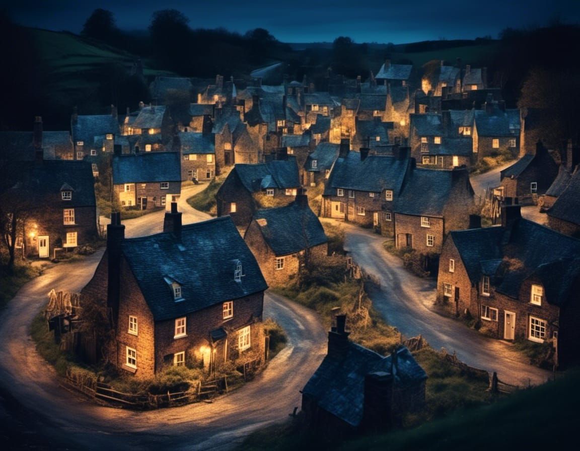 Charming English Mill Village at Night in Toy Camera Style