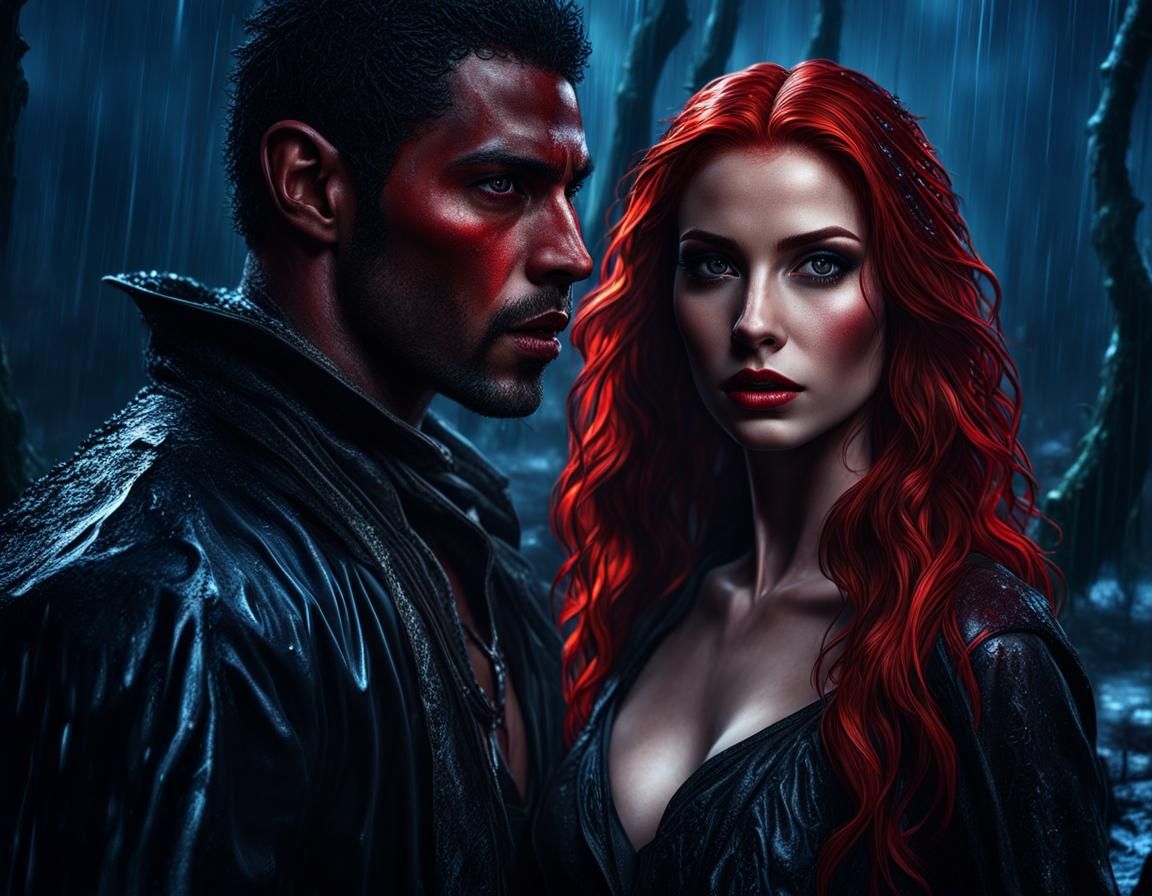 Redhead Vampire in Rainy Forest, Hyperrealistic