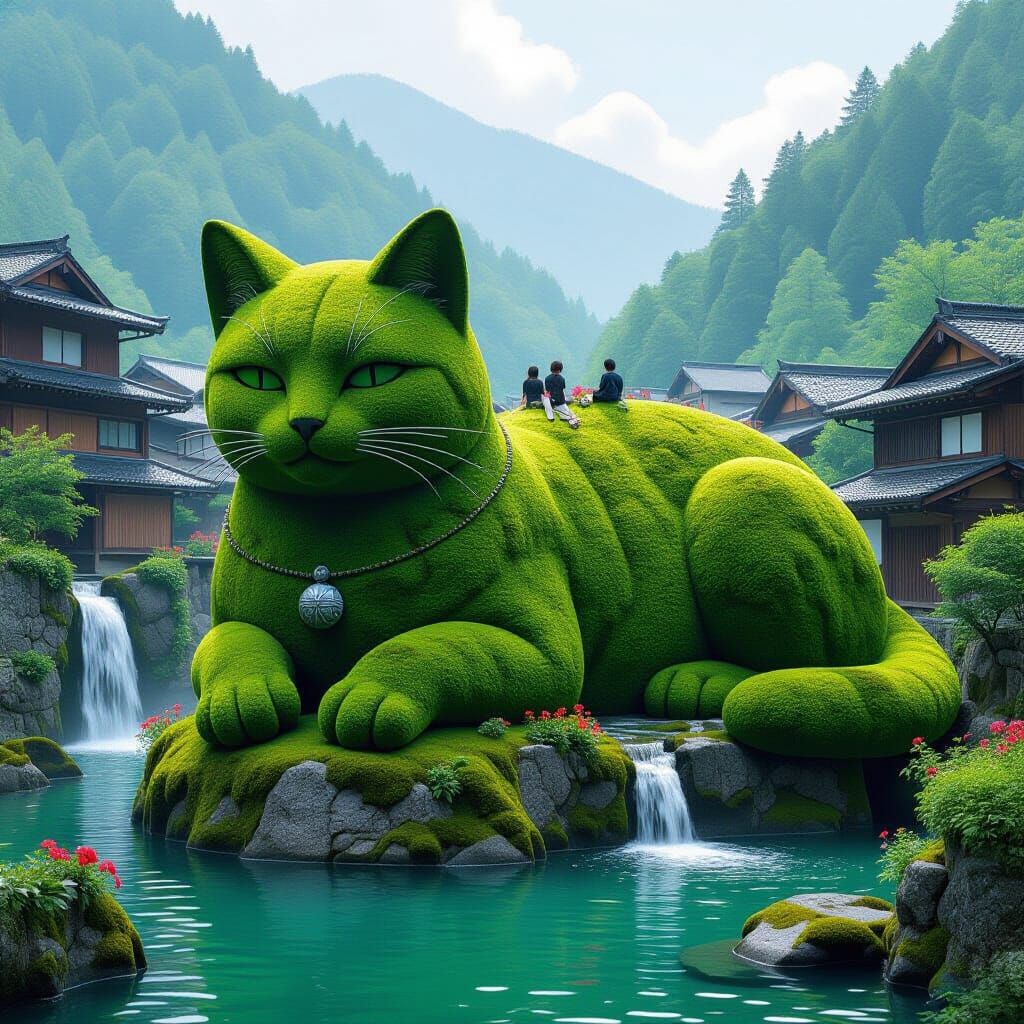 Mossy Stone Cat in Wabi-Sabi Japanese Landscape
