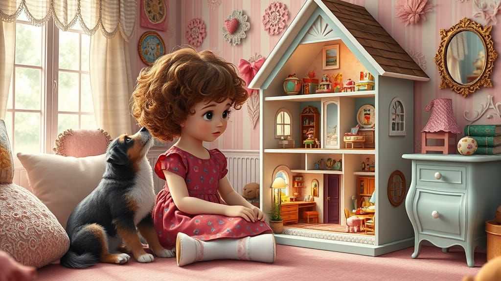 Girl and Dollhouse in Burton-esque Style