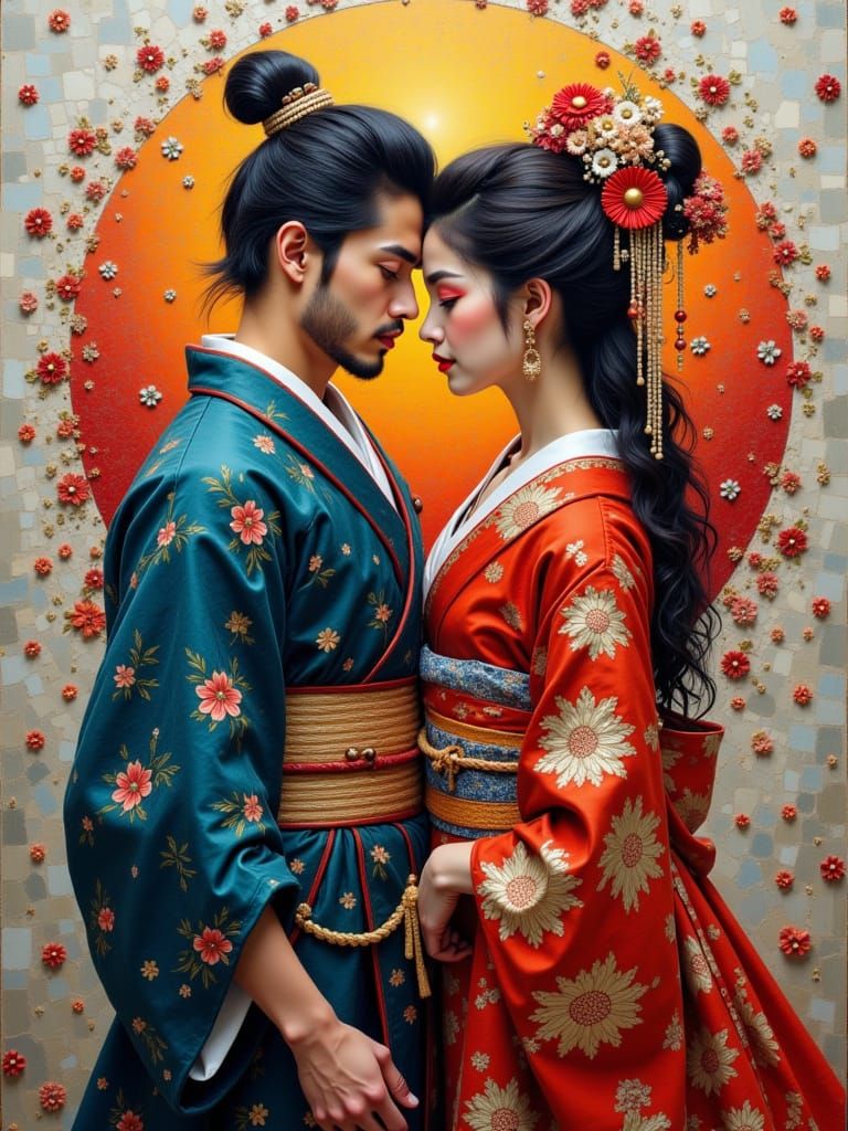 Mosaic Art: Samurai Warrior and Geisha Couple