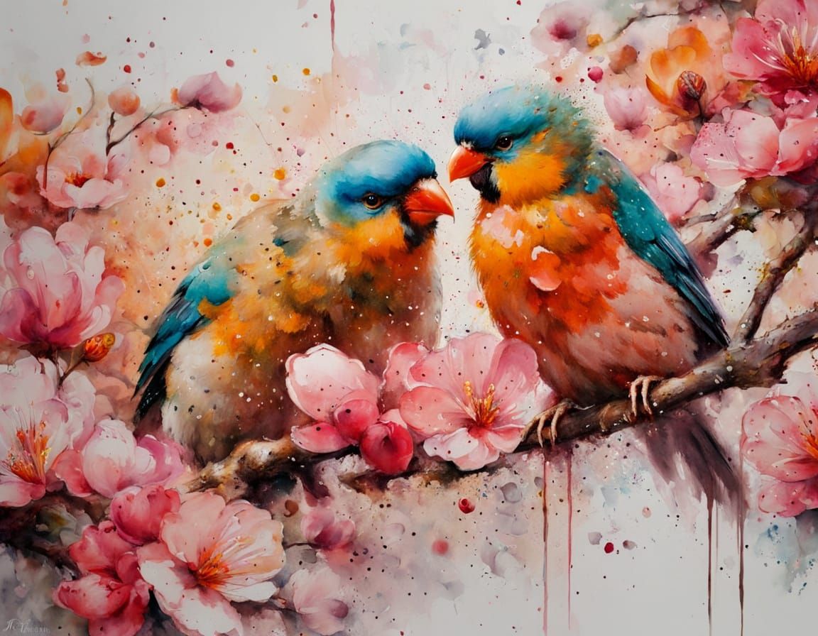 Vibrant Lovebirds on Cherry Blossom Branch