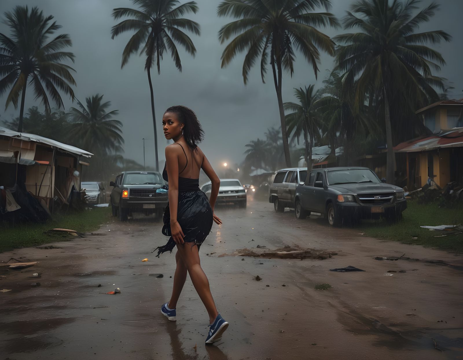 Woman Fleeing Hurricane Disaster in Cinematic Style