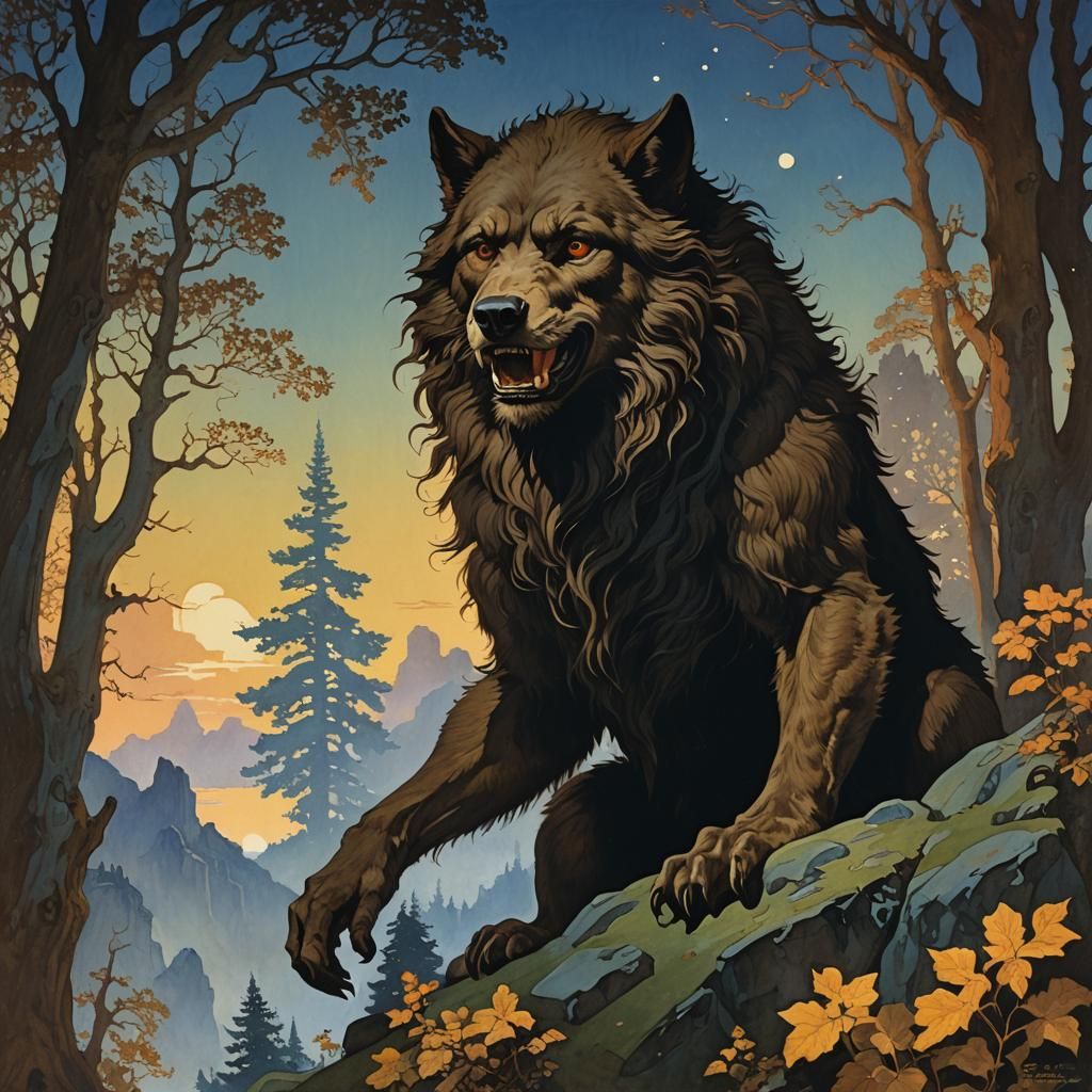 Lycanthrope at Dawn: Gouache Illustration