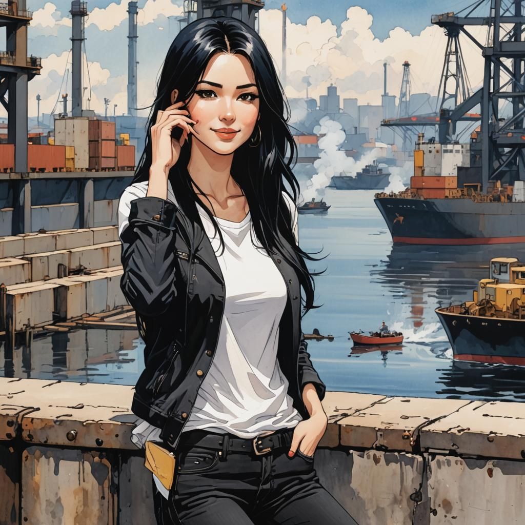 Brunette Woman on Industrial Quay: Anime Comic Style