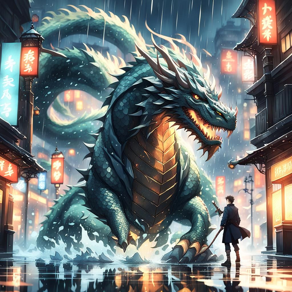 Anime Dragon Fight in Rainy Cityscape