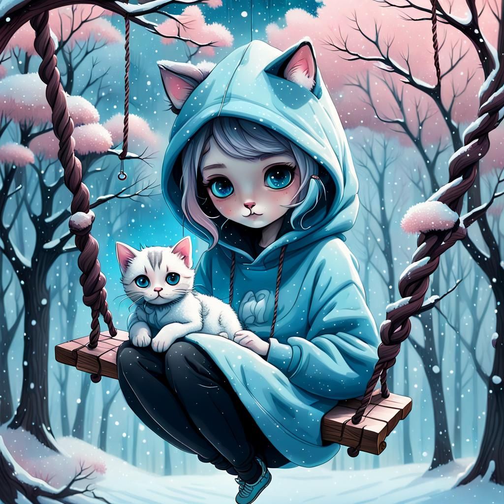 Girl and Kitten on Swing in Pop Surrealism Style