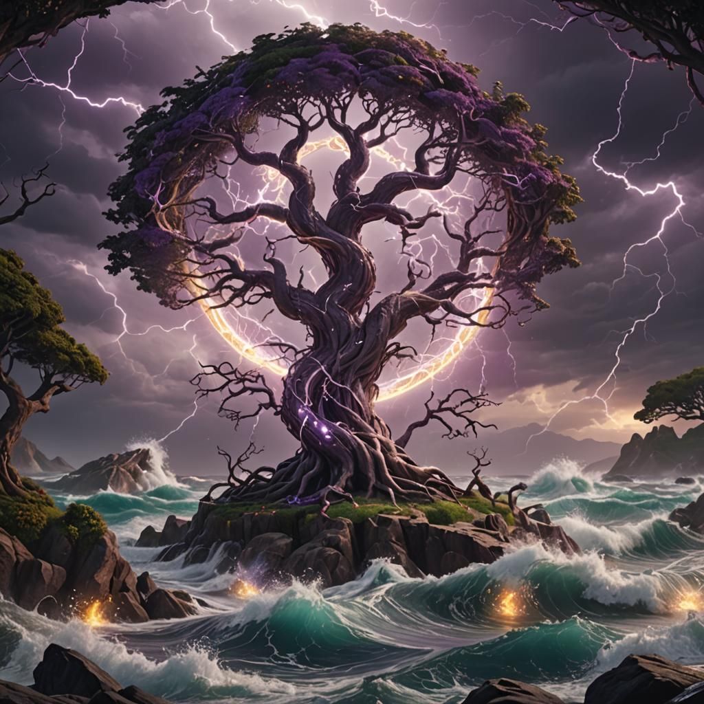 Celtic Tree of Life with Dragons and Lightning
