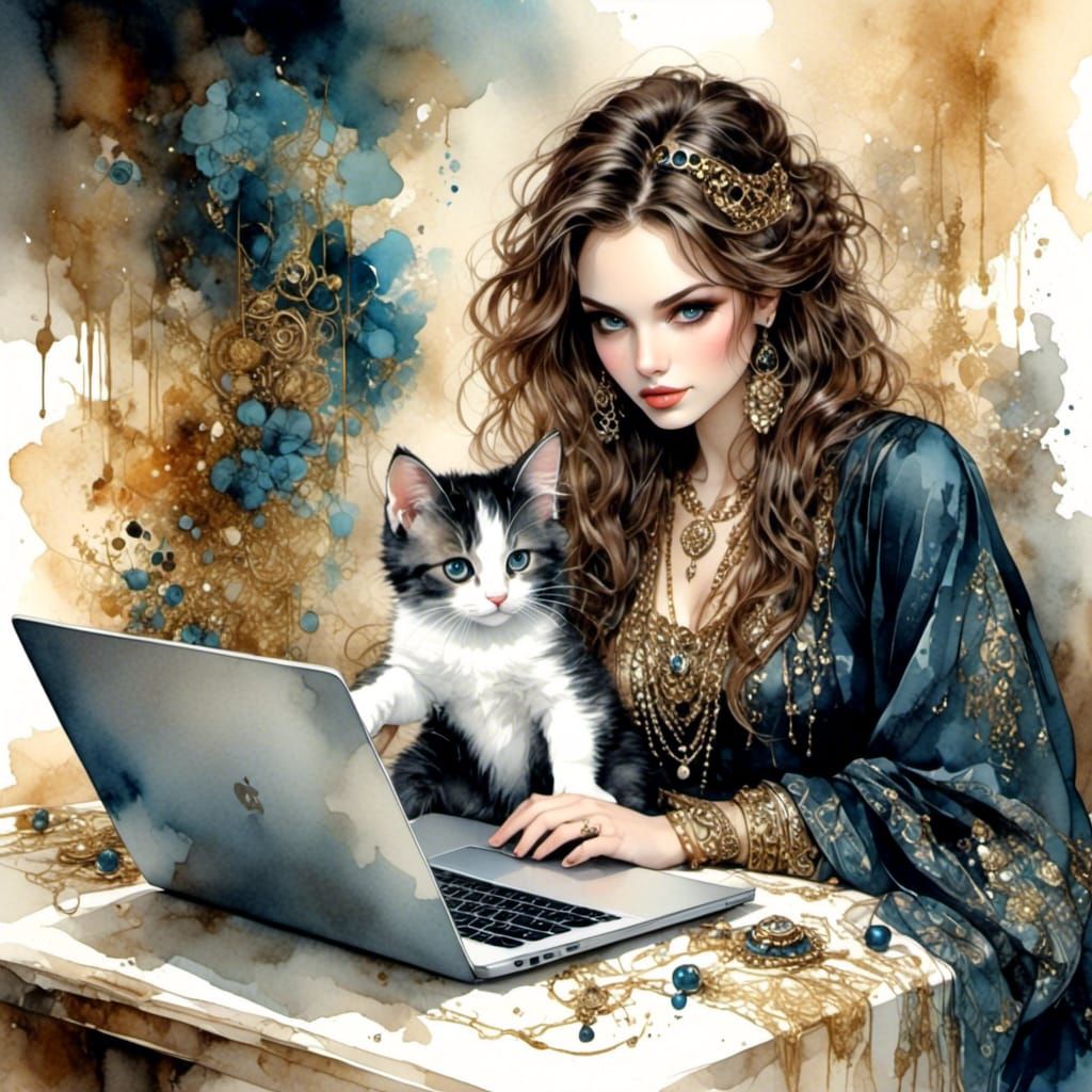 Lady Creating AI Art with Kitten, Watercolor Style