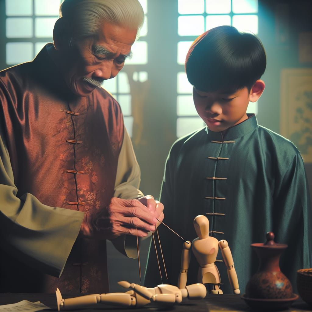 Acupuncture Master Teaching Grandson with Wooden Doll