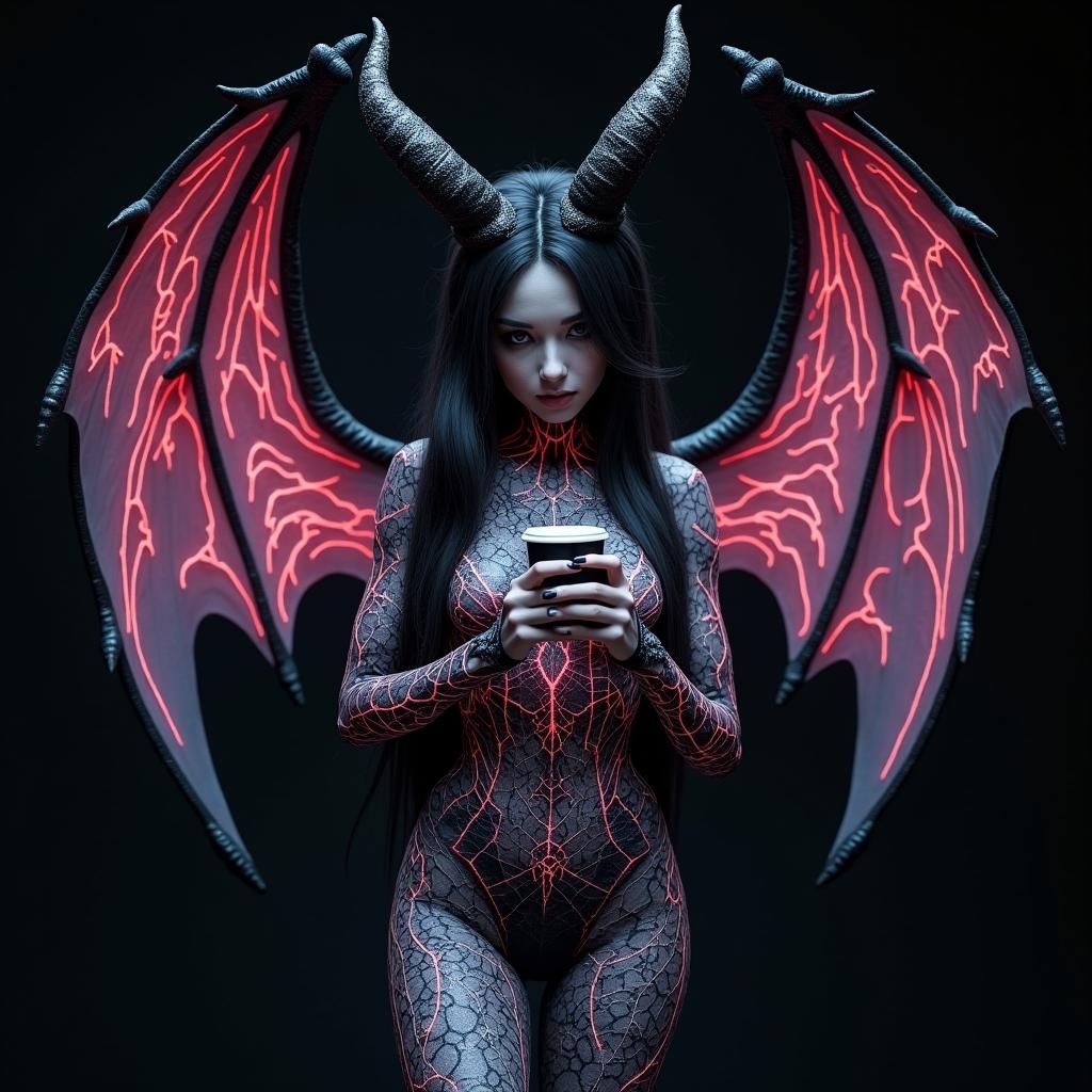 Enameled Glass Figurine: Gothic Demoness with Bioluminescent...