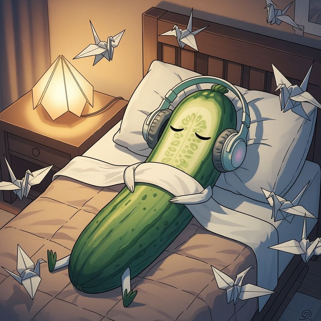 Origami Cucumber Serenity: A Dreamlike Bedroom Scene