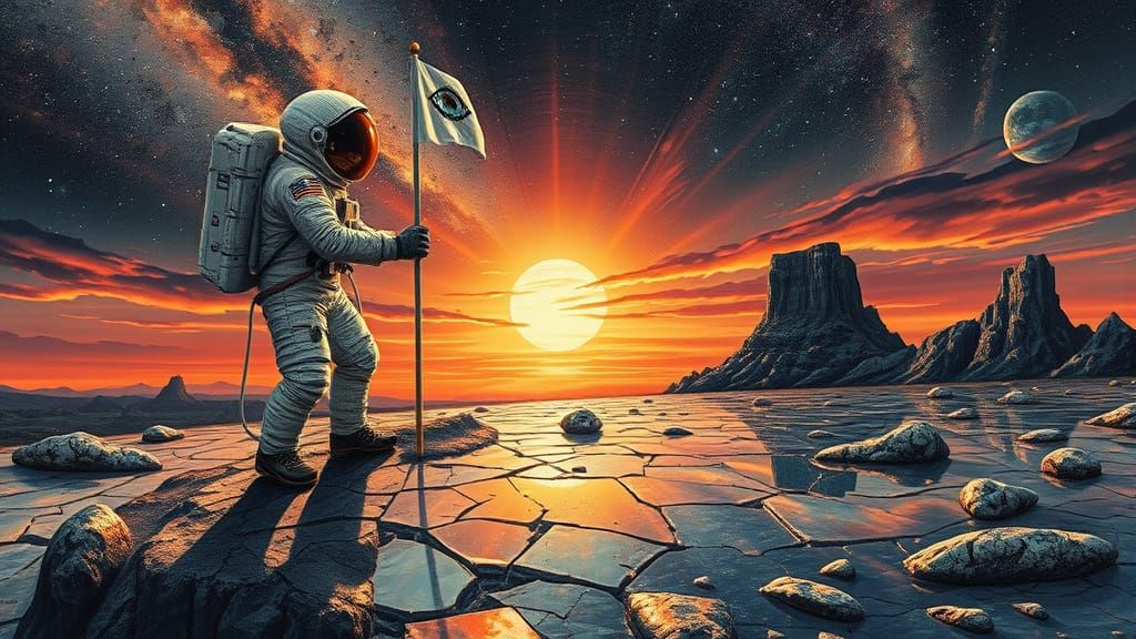 Astronaut in a Surreal, Mirror-Like Alien Landscape with Cos...