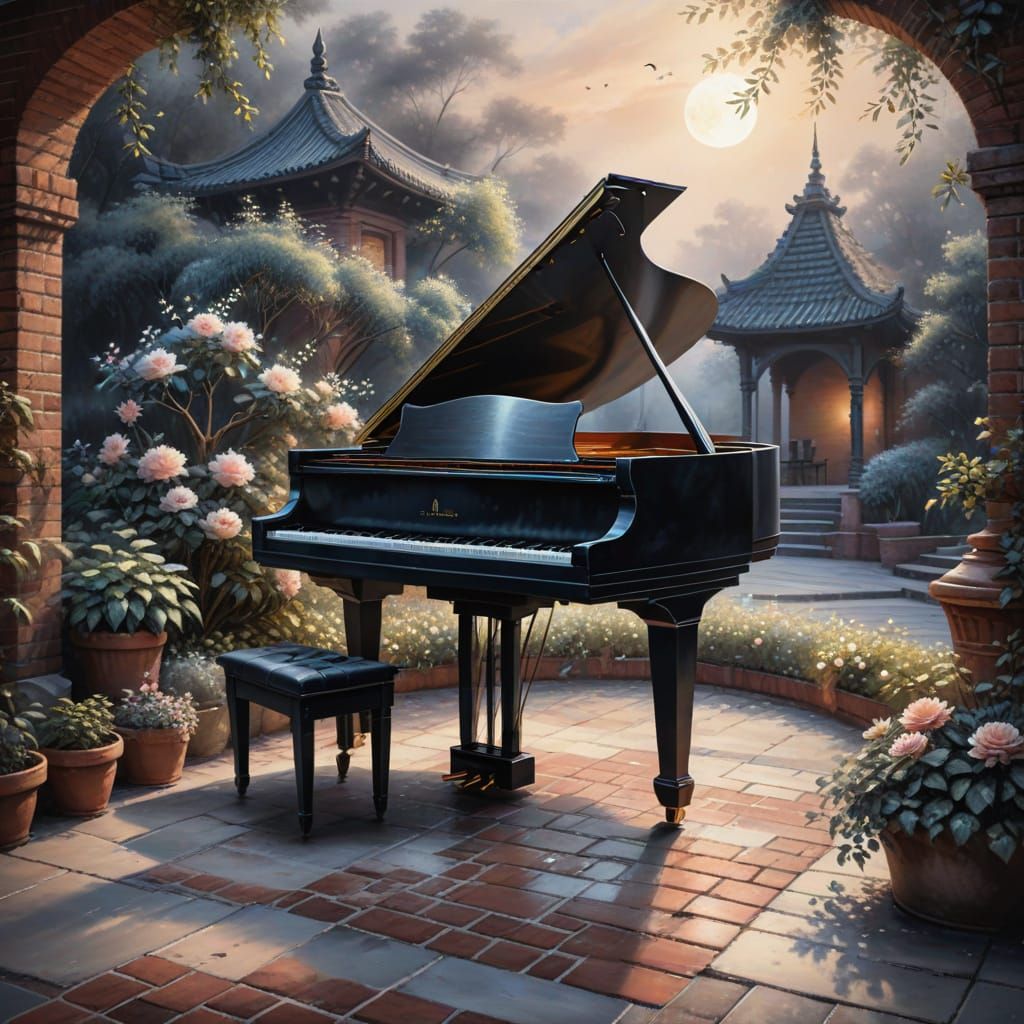 Elegant Moonlit Piano Serenade in Stylized Oil Painting