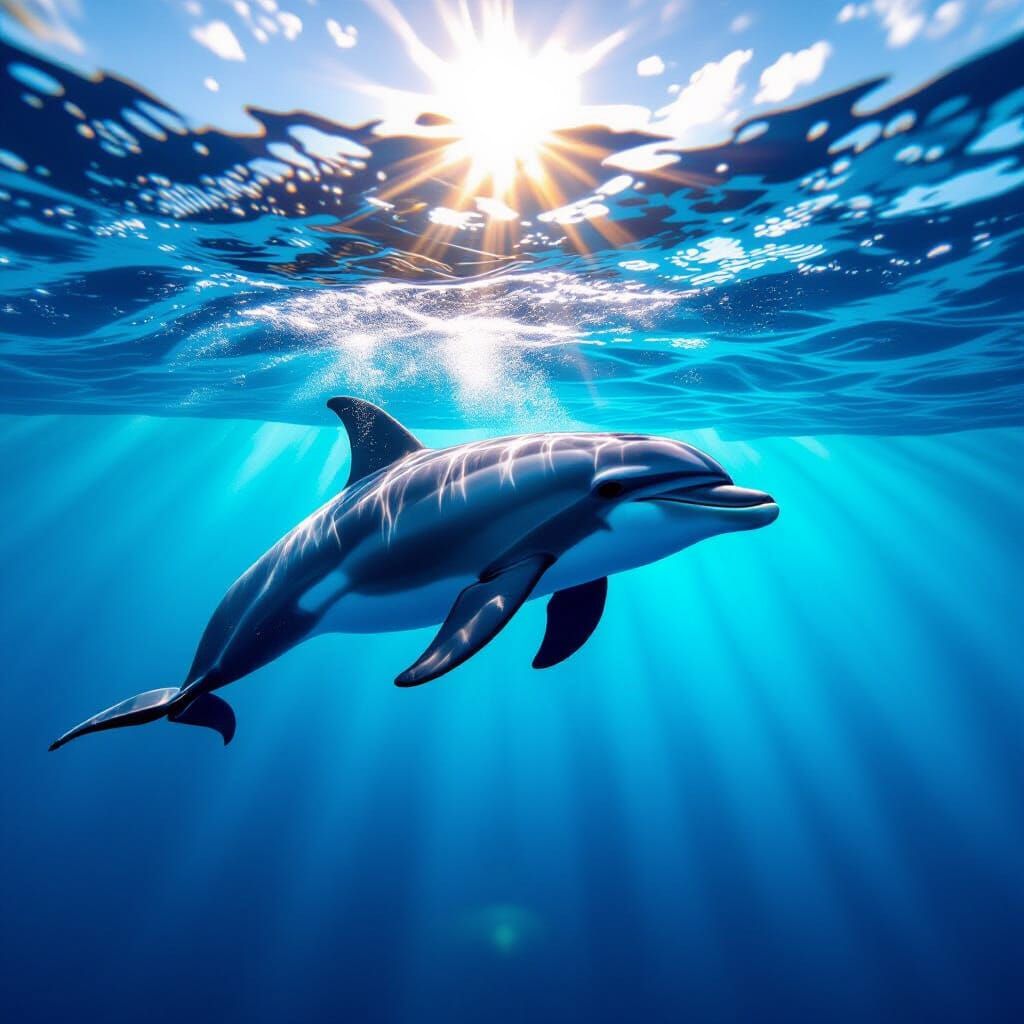 Photorealistic Dolphin in Azure Ocean with Sunlight Reflecti...