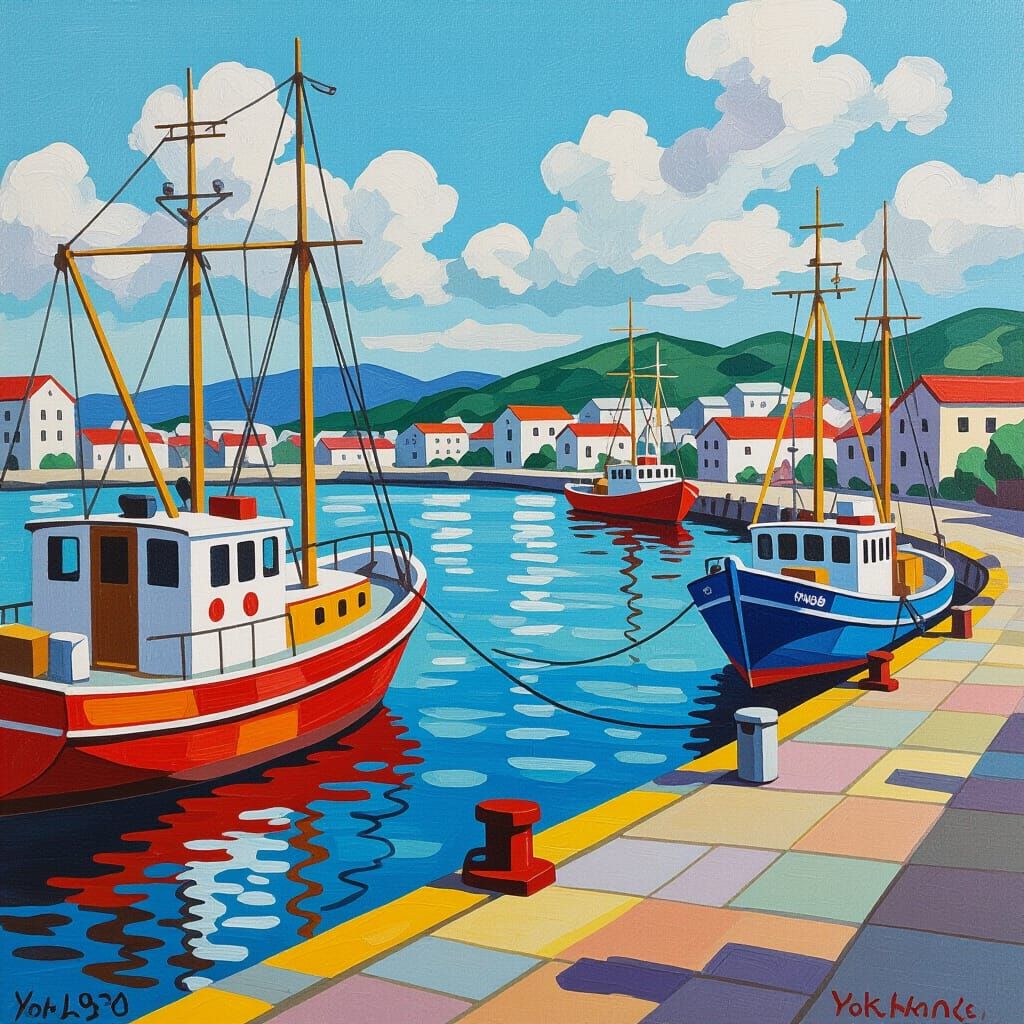 Yokohama Harbor 1970s, Setsuko Migishi, oil on canvas, bright colors.