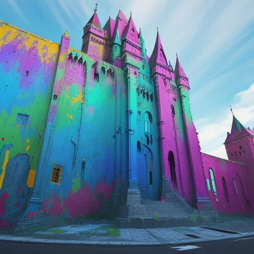 Graffiti Art: Vibrant Castle with Polychromatic Tones