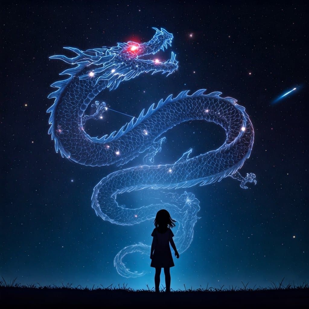 Child Observes Luminous Dragon Constellation