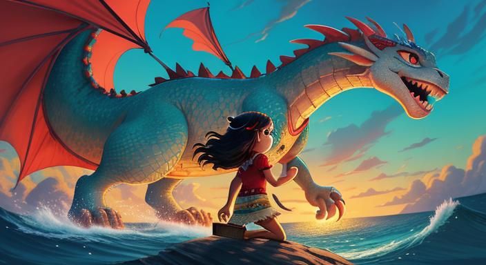 Moana and Dragon at Store in Ghibli Anime Style