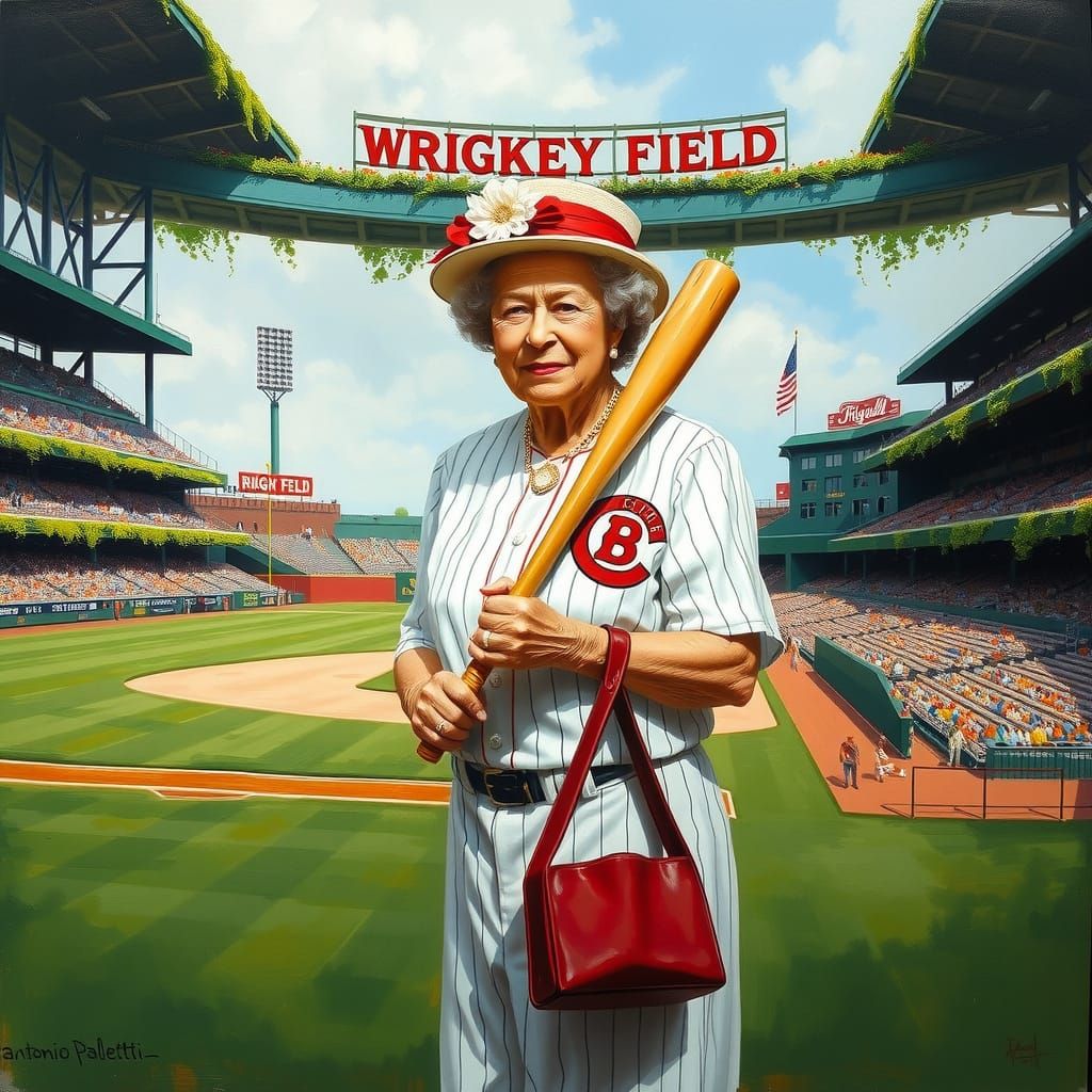 Queen Elizabeth II Plays Baseball: An Oil Painting