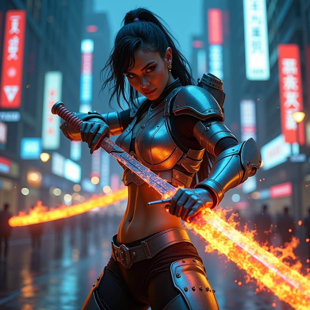 Cyberpunk Warrior Woman with Flaming Sword