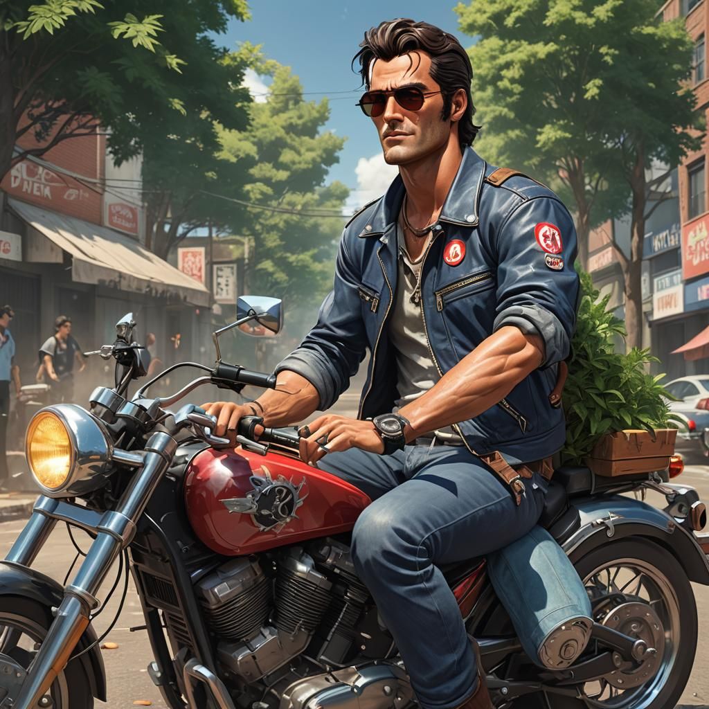 Anime Style Ash Williams Rides Motorcycle