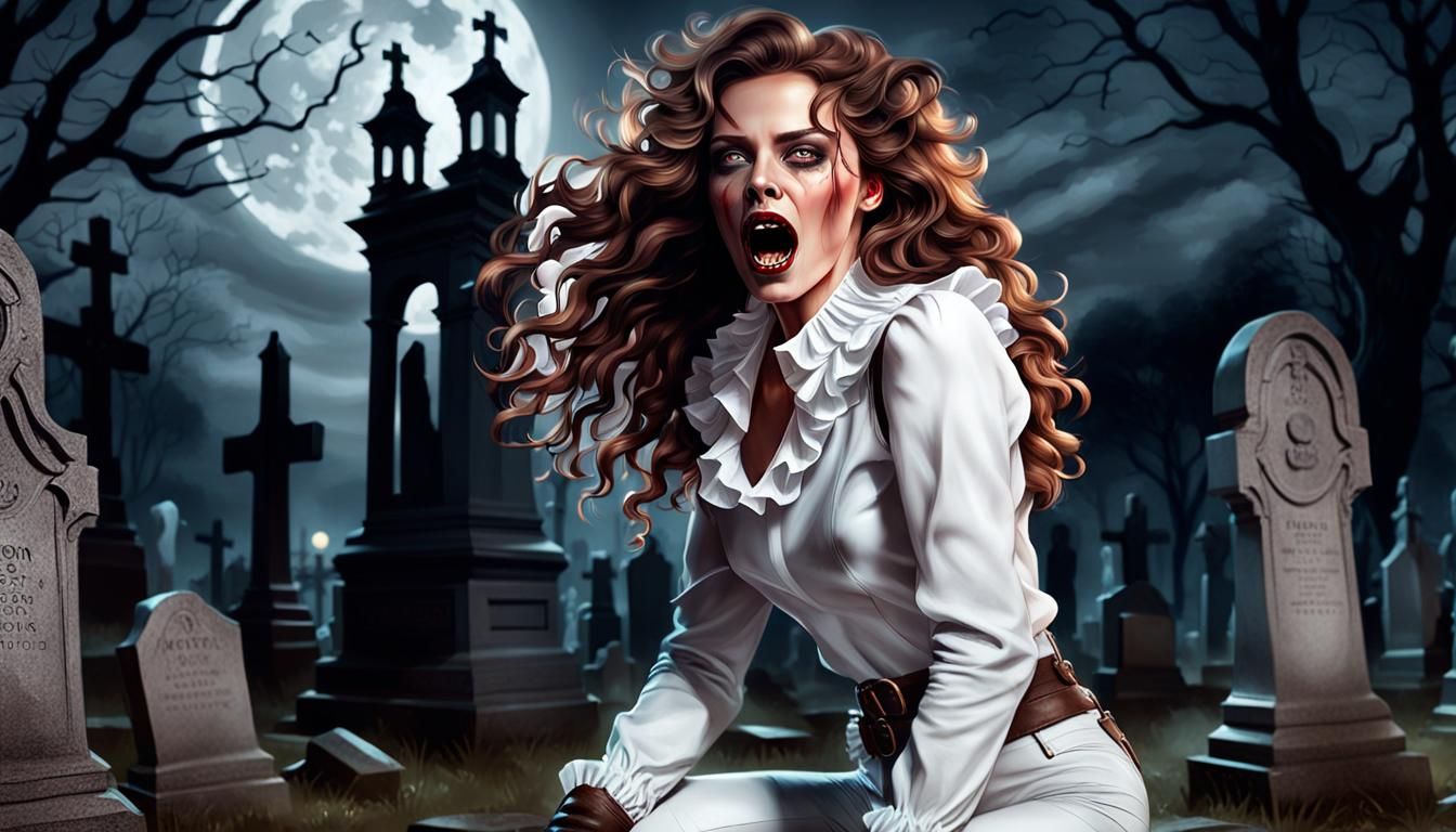 Woman Screaming in Cemetery at Night: Hyperrealistic Art