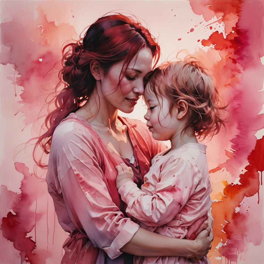 Radiant Sunset: Mother and Baby in Watercolour