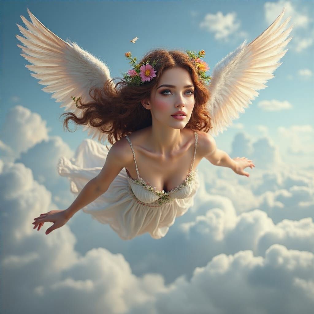 Winged Woman Flying Through Clouds With Floral Crown
