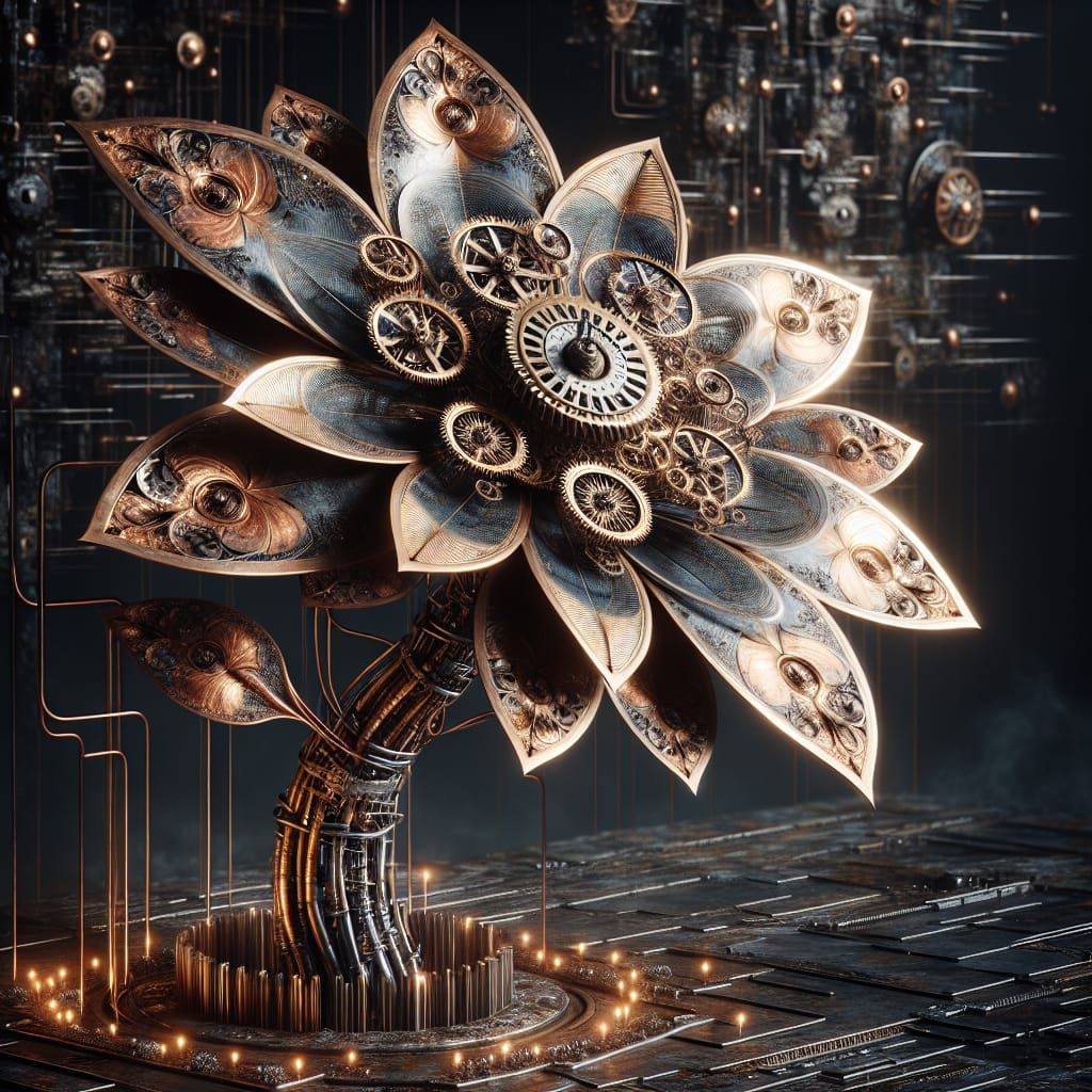 Dark Surrealist Metallic Flower Blooms in Industrial Garden