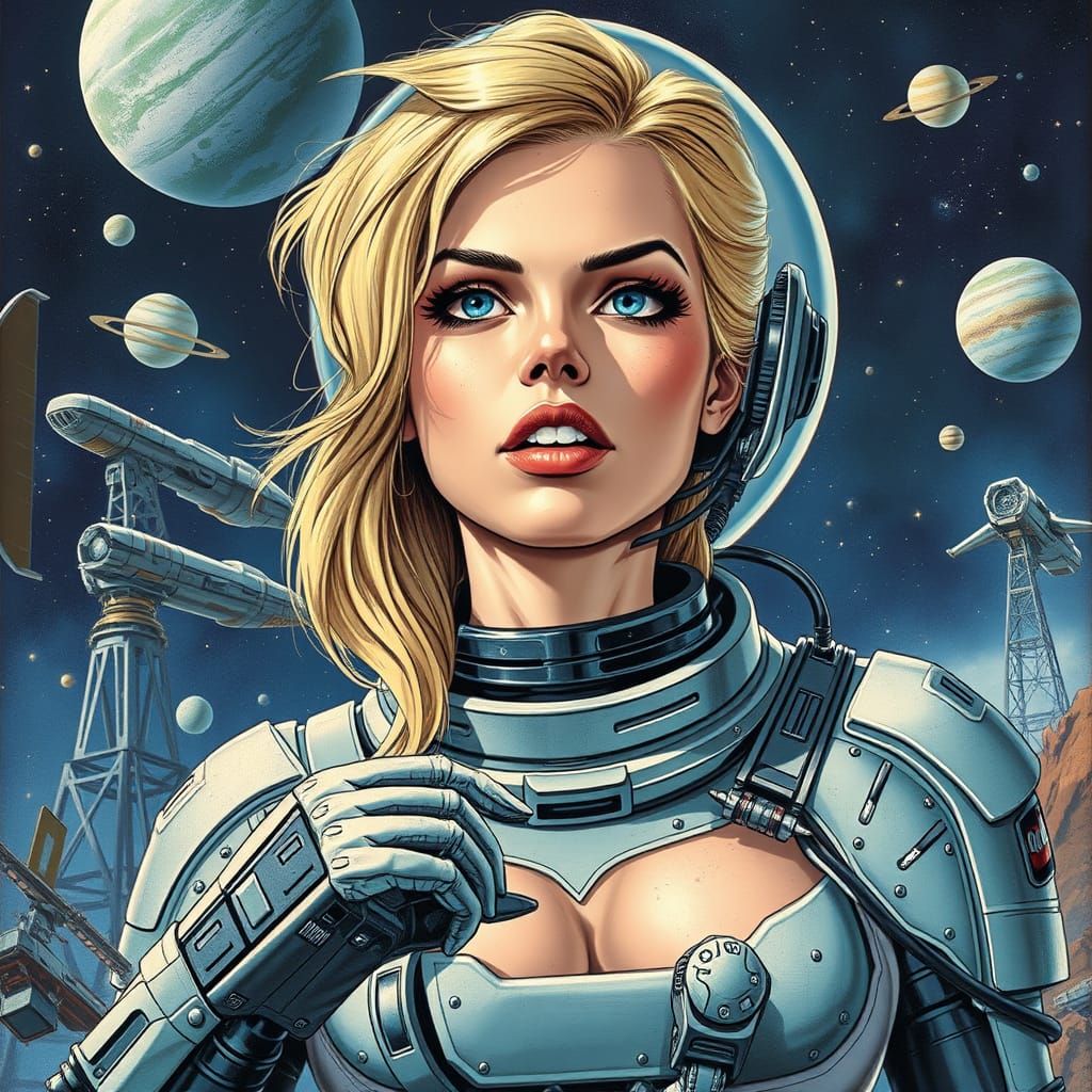 Blonde Astronaut in Seductive Pose, Comic Cover Art