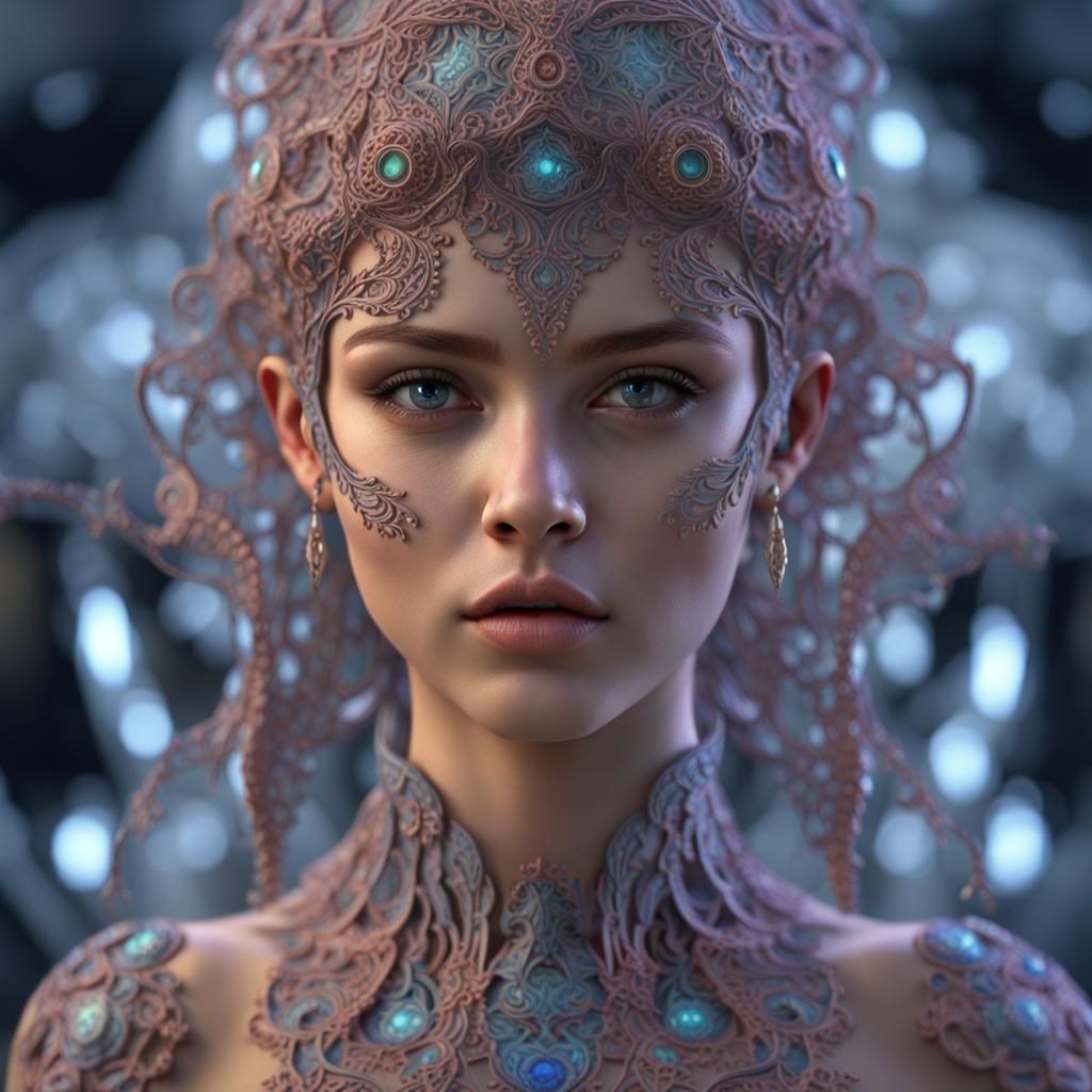 Hyperstylized Girl with Geometric Lace Details