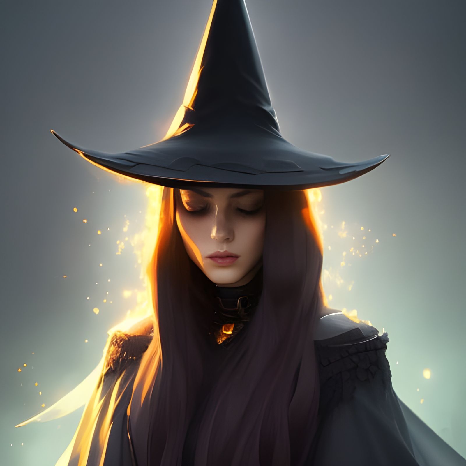 Witch Portrait with Black Hat in Fantasy Art Style