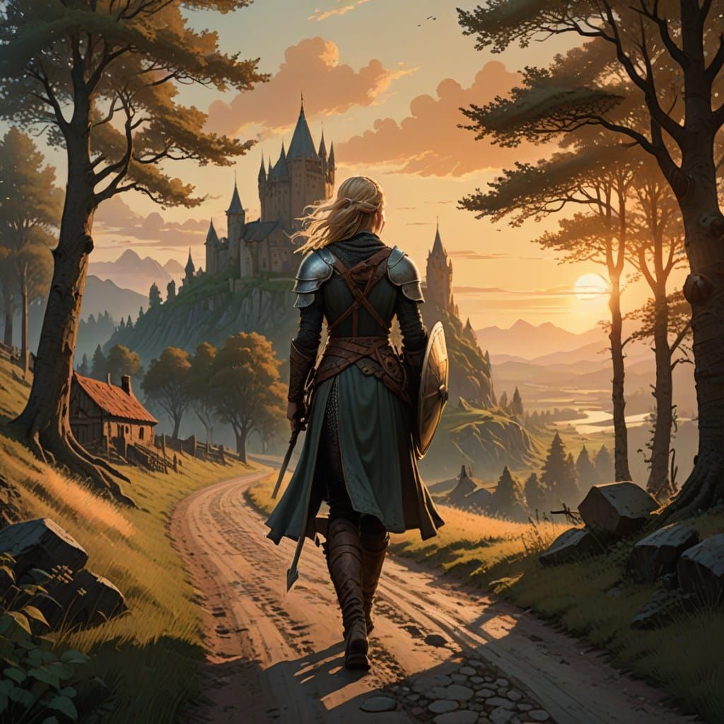 Viking Maiden Walks Toward Distant Fortress in Golden Light