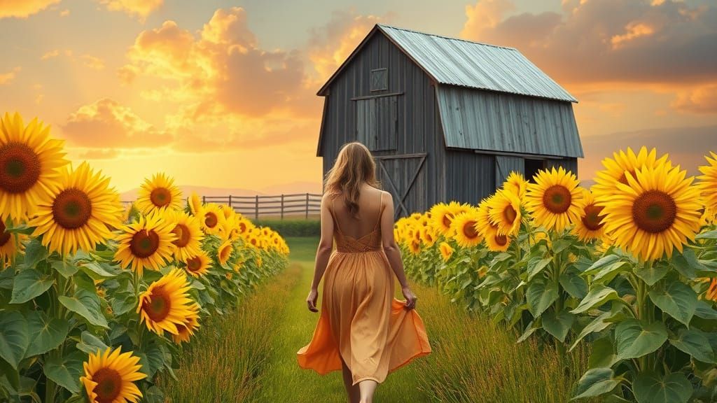 Woman in Sunflower Field by Rustic Barn
