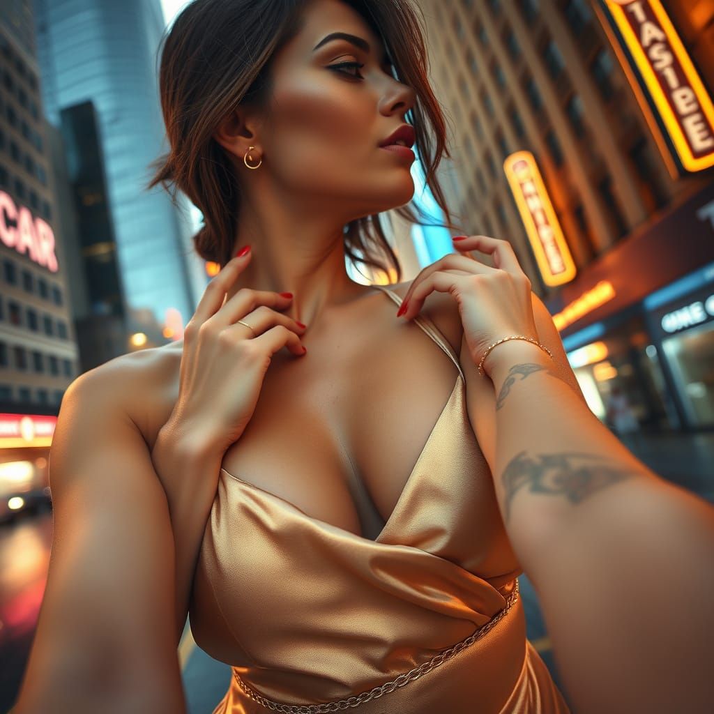 Woman Leans in for a Kiss in Cityscape