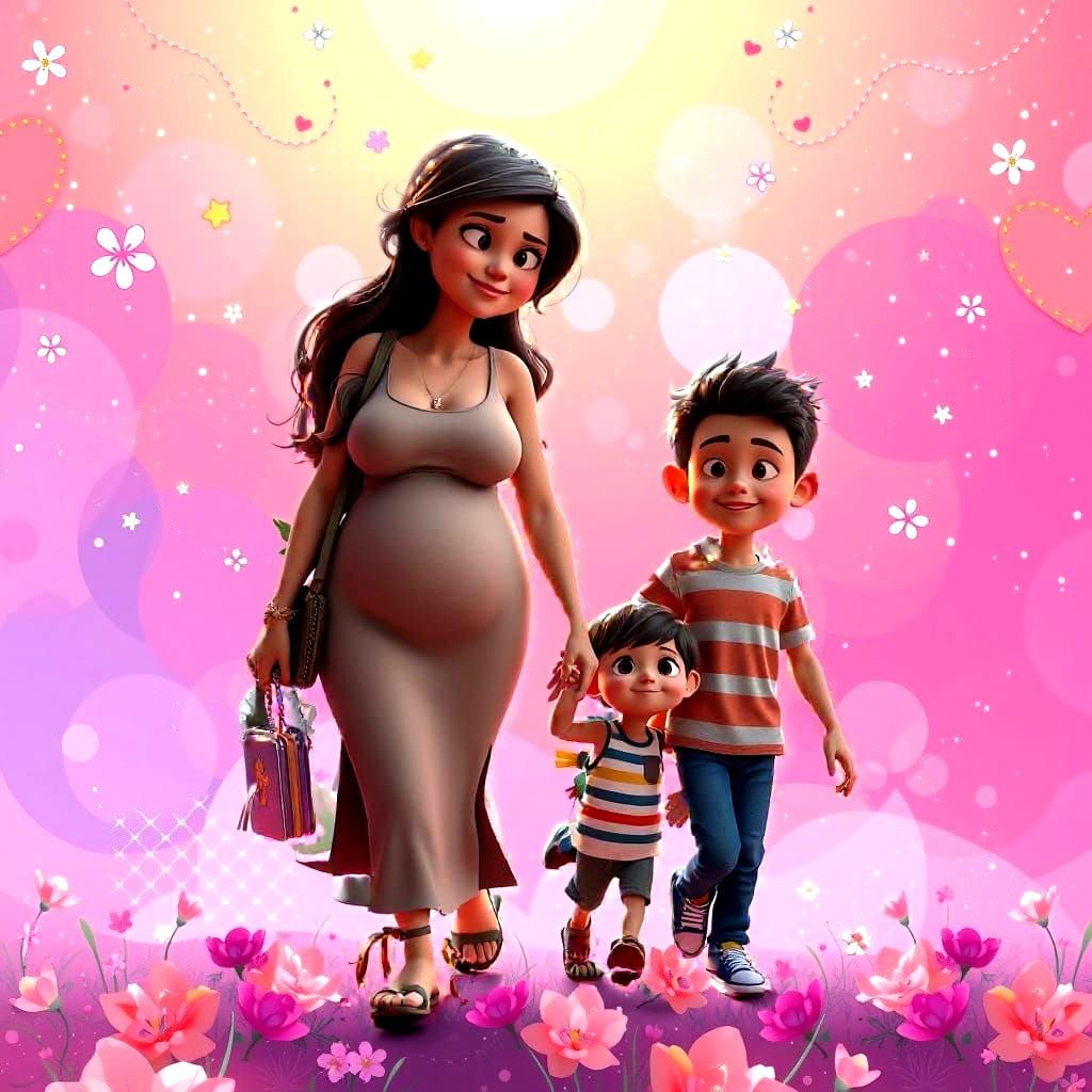 Pregnant Woman with Children: Pixar-Style 3D Art