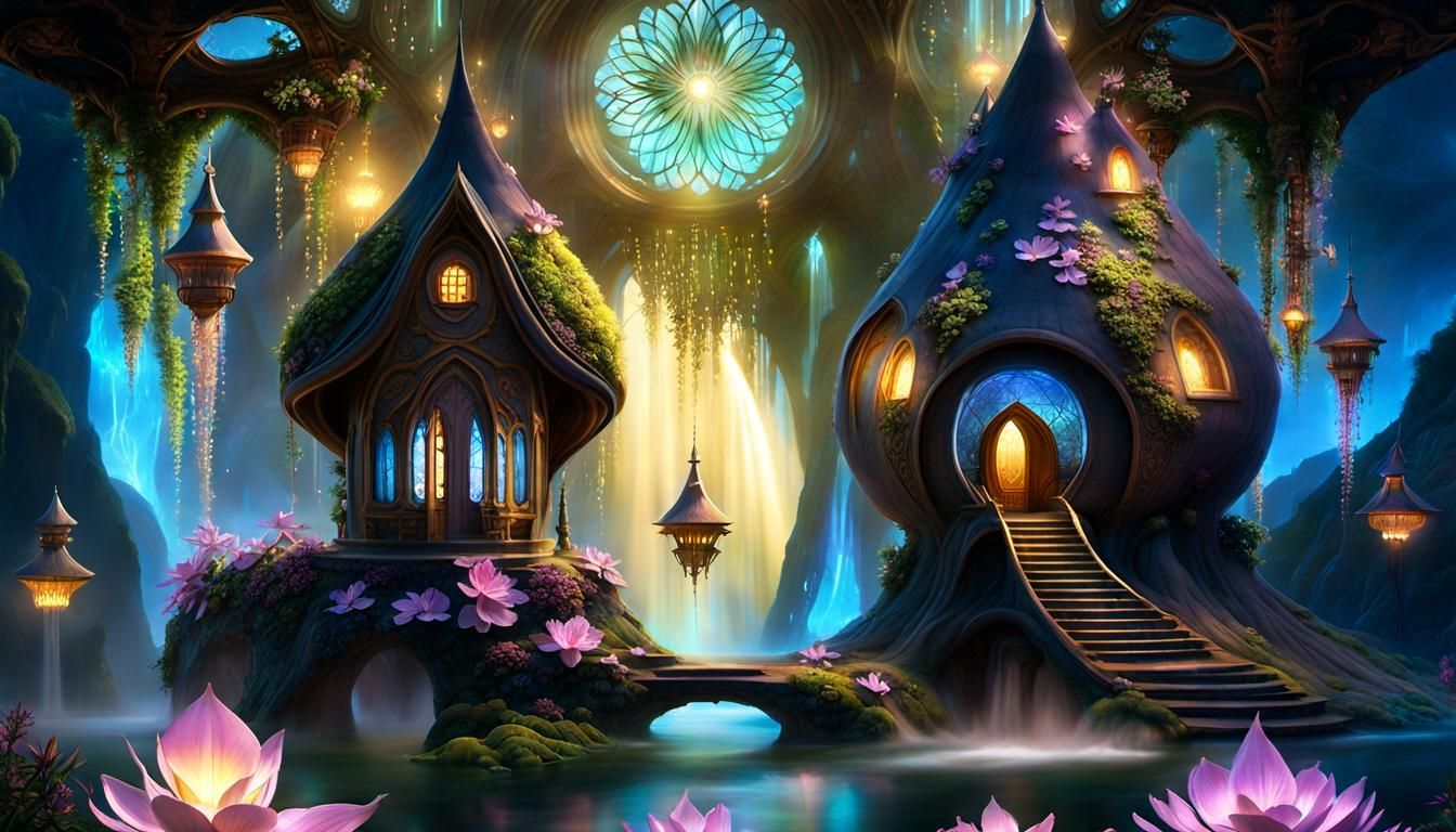 Alien Fairies Dance by Waterfall in Digital Matte Painting