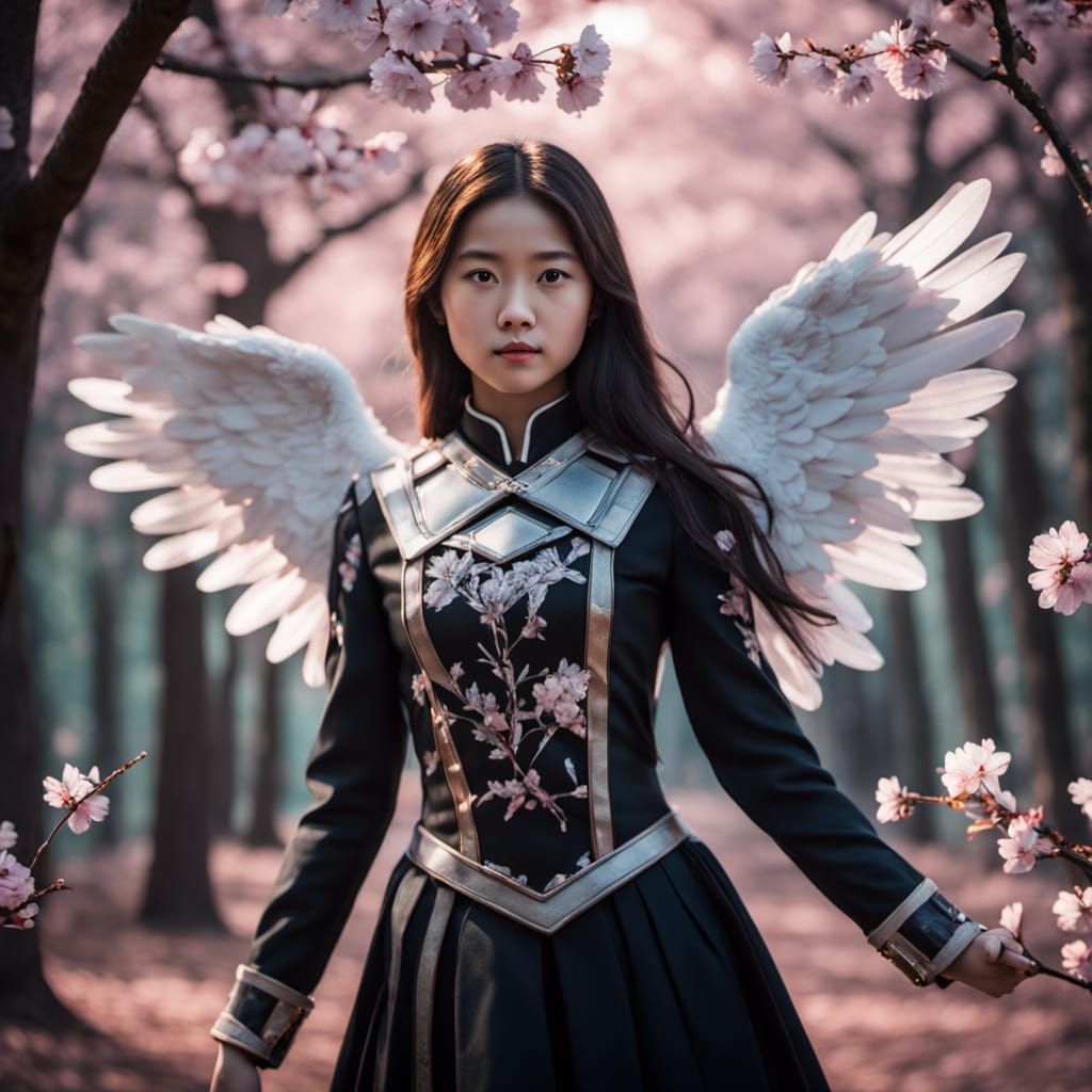 Angel Amidst Vibrant Sakura Blooms in Ethereal Sunrise